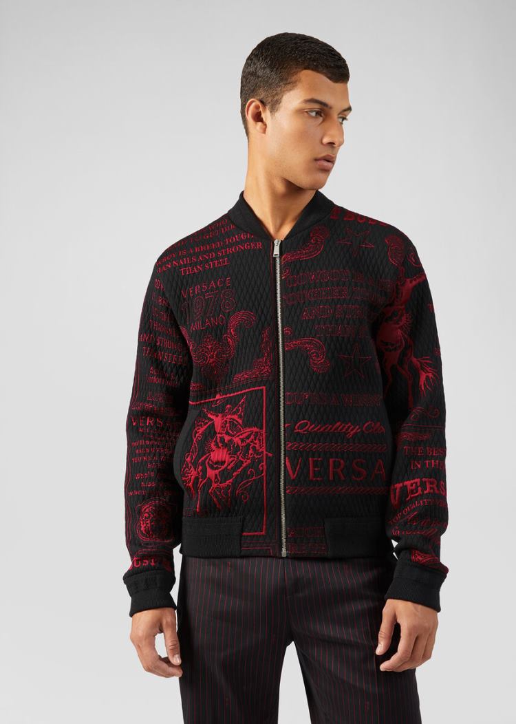 Versace Jackets Retailers Rodeo Pattern Bomber Jacket Mens Black Red